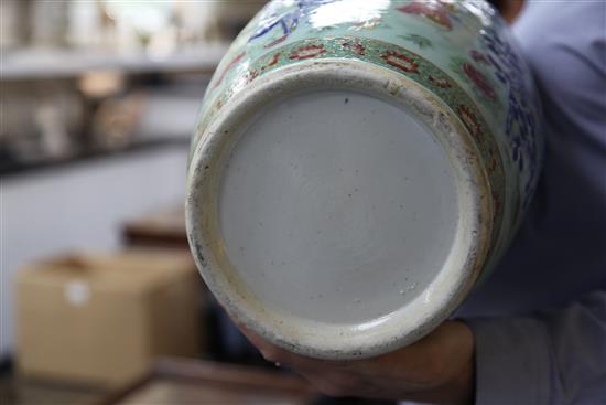 A pair of large Chinese famille rose and underglaze blue celadon ground vases, 19th century, 64cm, restoration to handles